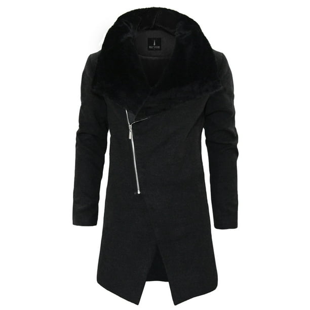 TAM WARE Mens Stylish Fur Large Lapels Zip-up Wool Blend Coat